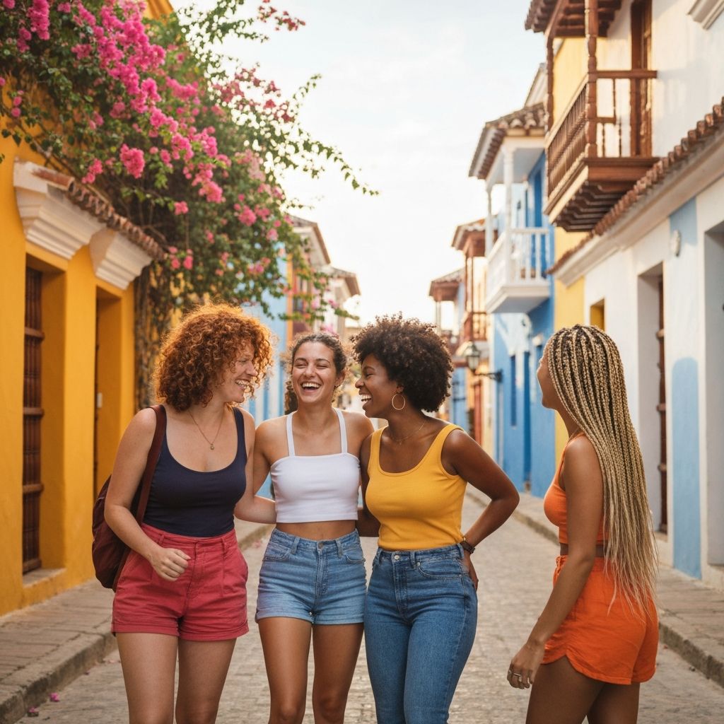 Grupo de mulheres viajantes nas ruas coloridas da Cidade Amuralhada de Cartagena