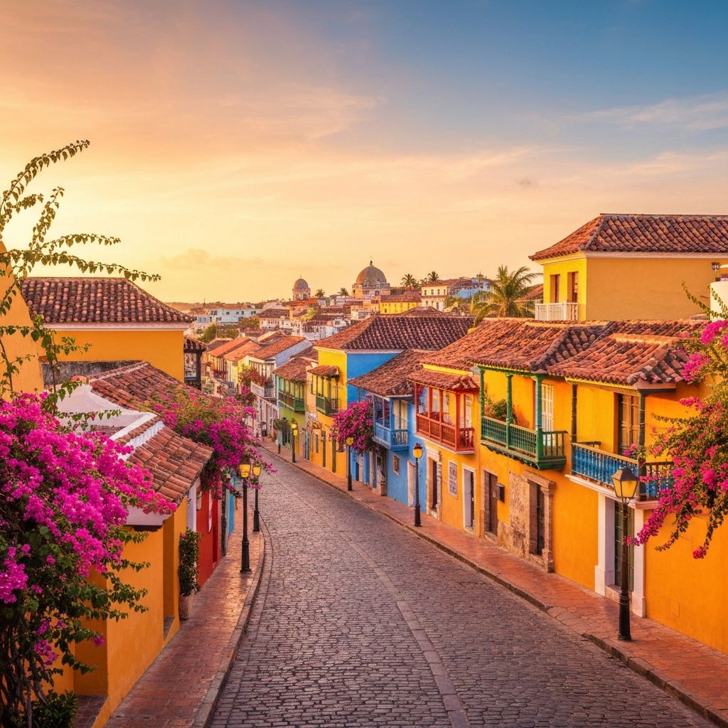 Ruas coloridas e arquitetura colonial de Cartagena de las Índias, Colômbia
